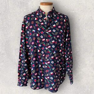 Men's Vintage Nautical Print Button Down Shirt Blue Multi